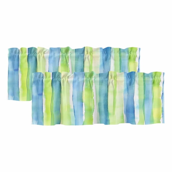2 Pack Abstract Art Valance for Window Blue Green Line Stripes Gradient Modern Art Kitchen Valance Rod Pocket Short Curtain Topper Decorative Window Treatment for Living Room Bedroom 42"x12"