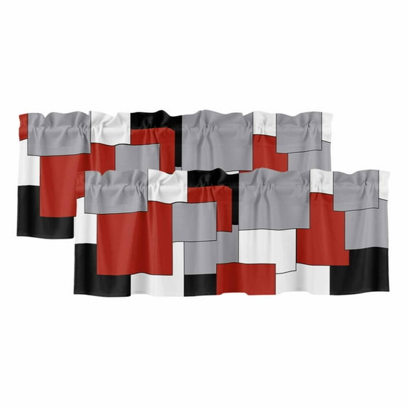 2 Pack Abstract Art Valance for Window Patchwork Red Black and Grey Kitchen Valance Rod Pocket Short Curtain Topper Decorative Window Treatment for Living Room Bedroom 42"x12"