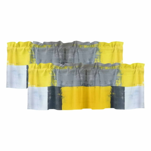 2 Pack Abstract Art Valance for Window Watercolor Yellow Gary Block Texture Kitchen Valance Rod Pocket Short Curtain Topper Decorative Window Treatment for Living Room Bedroom 42"x12"