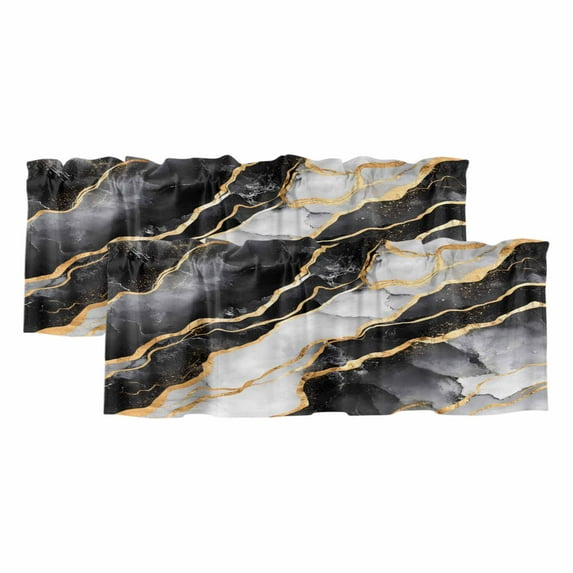 2 Pack Abstract Art Valance for Window White Black Gradient Marbling Water Ripple Kitchen Valance Rod Pocket Short Curtain Topper Decorative Window Treatment for Living Room Bedroom 42"x12"