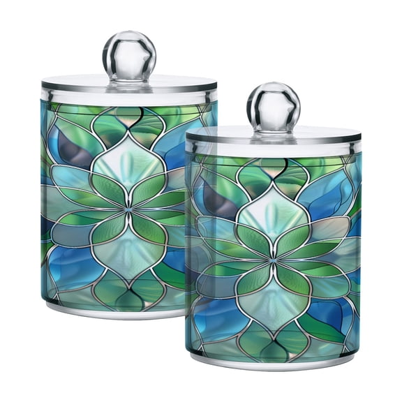 2 Pack Abstract Floral Stained Glass Qtip Holder Dispenser Clear Plastic Storage Apothecary Jars for Cotton Swabs Balls Pads Floss