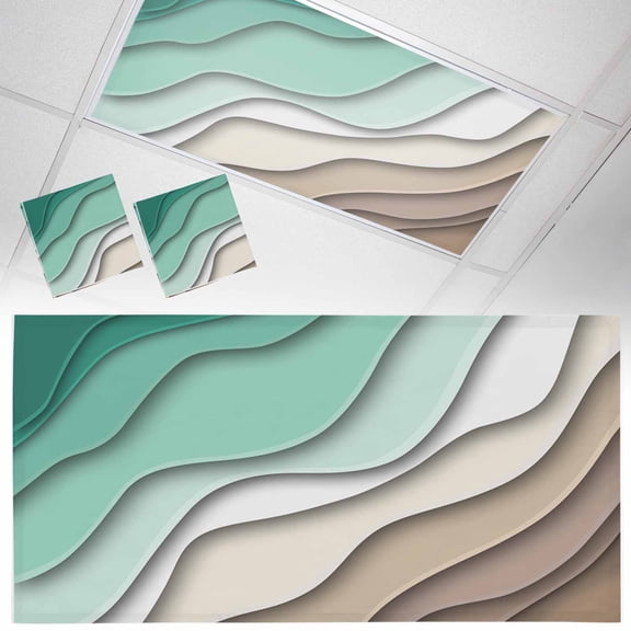 2 Pack Abstract Geometric Fluorescent Light Covers for Ceiling Lights Green Brown Gradient Waves Beach Magnetic Ceiling Light Covers Overhead Light Filters for Office Classroom Home