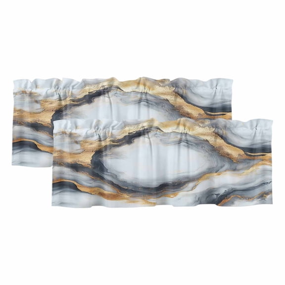 2 Pack Abstract Impressionist Valance for Window Gary Gold Marble Texture Kitchen Valance Rod Pocket Short Curtain Topper Decorative Window Treatment for Living Room Bedroom 42"x12"
