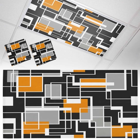 2 Pack Abstract Lines Fluorescent Light Covers for Ceiling Lights Black Gray Orange Rectangle Geometric Modern Magnetic Ceiling Light Covers Overhead Light Filters for Office Classroom Home