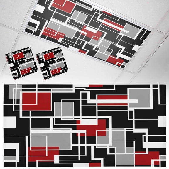 2 Pack Abstract Lines Fluorescent Light Covers for Ceiling Lights Black Gray Red Rectangle Geometric Modern Magnetic Ceiling Light Covers Overhead Light Filters for Office Classroom Home
