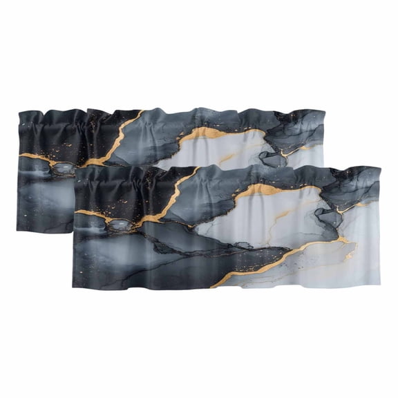 2 Pack Abstract Marble Texture Valance for Window Gold Crack Black Gray Gradient Art Kitchen Valance Rod Pocket Short Curtain Topper Decorative Window Treatment for Living Room Bedroom 42"x12"
