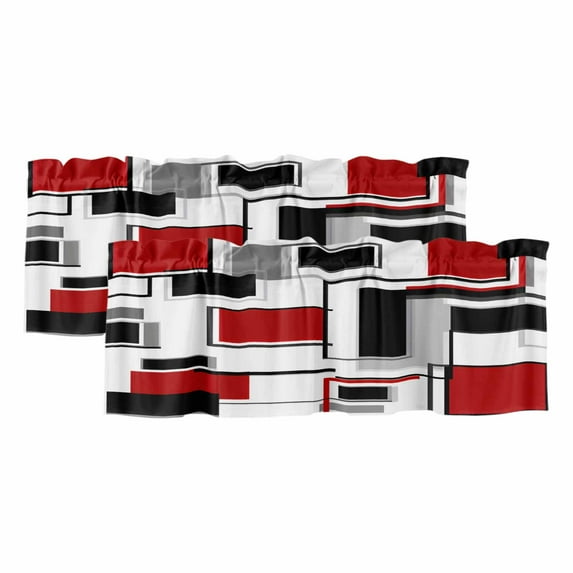 2 Pack Abstract Space Design Sense Valance for Window Red Black Stitching Suqare Kitchen Valance Rod Pocket Short Curtain Topper Decorative Window Treatment for Living Room Bedroom 42"x12"