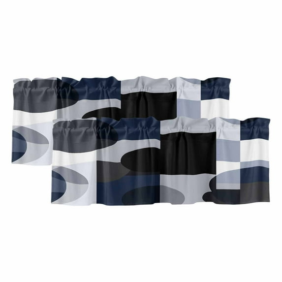 2 Pack Abstract Stitching Valance for Window Blue Black Square Round Visual Art Kitchen Valance Rod Pocket Short Curtain Topper Decorative Window Treatment for Living Room Bedroom 60"x18"