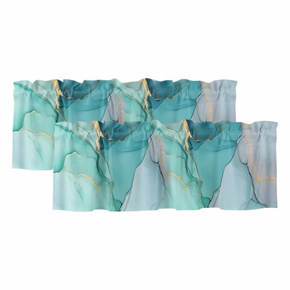 2 Pack Abstract Teal Valance for Window Aqua Marble Cracks Texture Crystal Modern Kitchen Valance Rod Pocket Short Curtain Topper Decorative Window Treatment for Living Room Bedroom 42"x12"