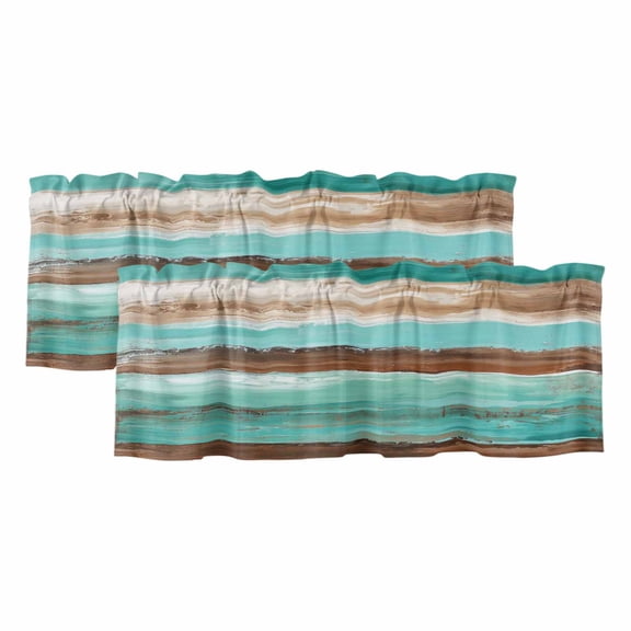 2 Pack Abstract Turquoise Valance for Window and Brown Gradient Wood Board Kitchen Valance Rod Pocket Short Curtain Topper Decorative Window Treatment for Living Room Bedroom 42"x12"