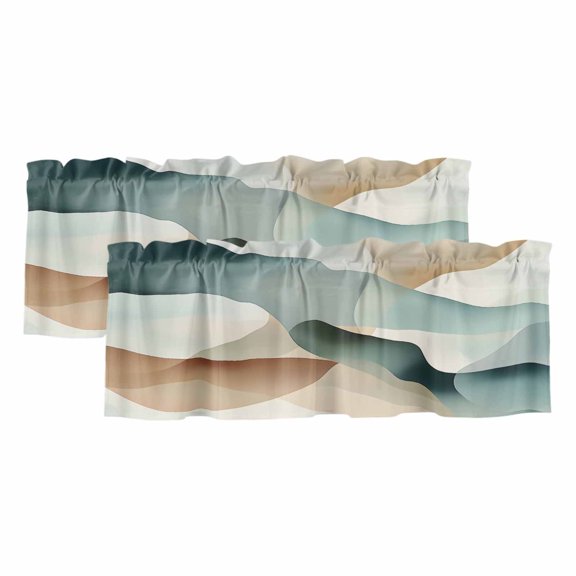 2 Pack Abstract Water Ripple Valance for Window Blue Brown Stitching Gradient Kitchen Valance Rod Pocket Short Curtain Topper Decorative Window Treatment for Living Room Bedroom 42"x18"
