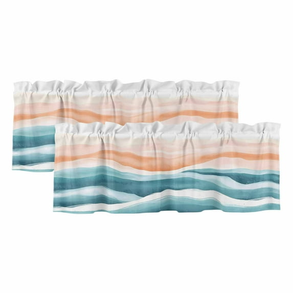 2 Pack Abstract Wave Valance for Window Watercolor Blue Modern Art Kitchen Valance Rod Pocket Short Curtain Topper Decorative Window Treatment for Living Room Bedroom 42"x18"