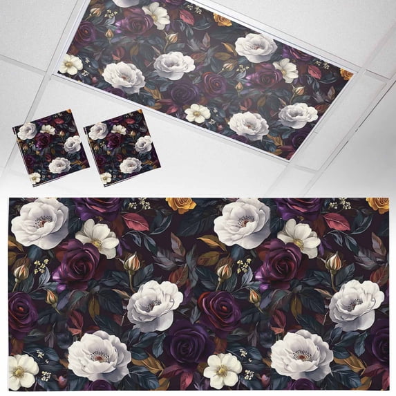 2 Pack Abstract White Purple Flowers Fluorescent Light Covers for Ceiling Lights Roses Modern Art Magnetic Ceiling Light Covers Overhead Light Filters for Office Classroom Home