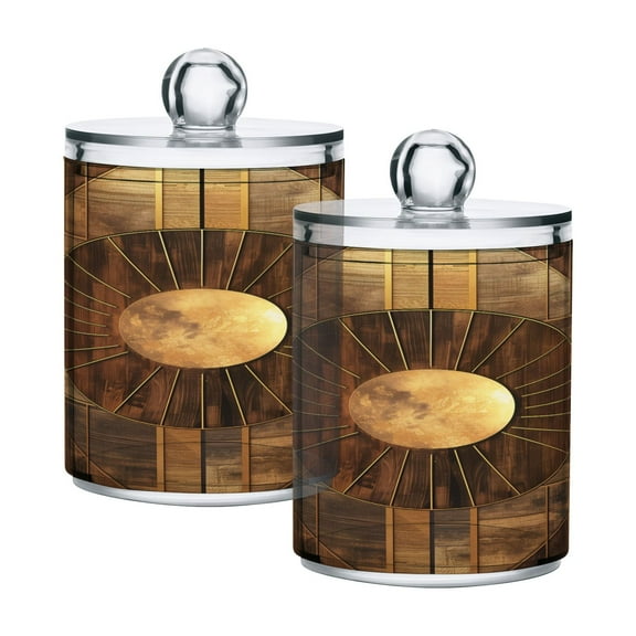 2 Pack Abstract Wood Geometric Qtip Holder Dispenser Clear Plastic Storage Apothecary Jars for Cotton Swabs Balls Pads Floss