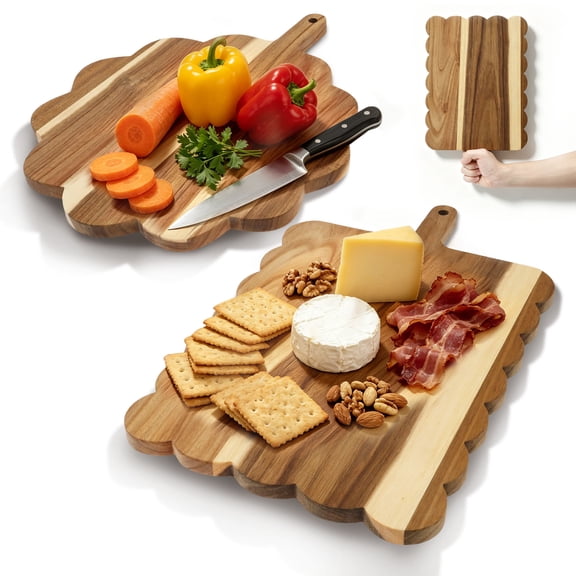 2 Pack Acacia Wood Cutting Boards Charcuterie Boards with Handle and Hanging Hole Vintage Fan Edge Serving Trays for Cheese Meat Food Plating