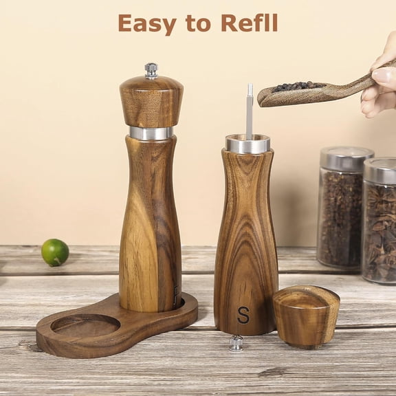 2 Pack Acacia Wood Salt and Pepper Grinder Set 8 Manual Mills with Adjustable Ceramic Core, Stainless Steel, Tray, Spoon, Brush & Funnel Rustic Wooden Gift Set for Kitchen or Table