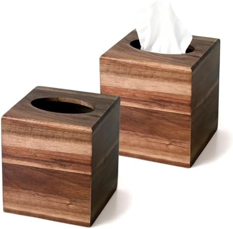 2 Pack Acacia Wood Tissue Box Cover, Square Tissue Box Holder with ...