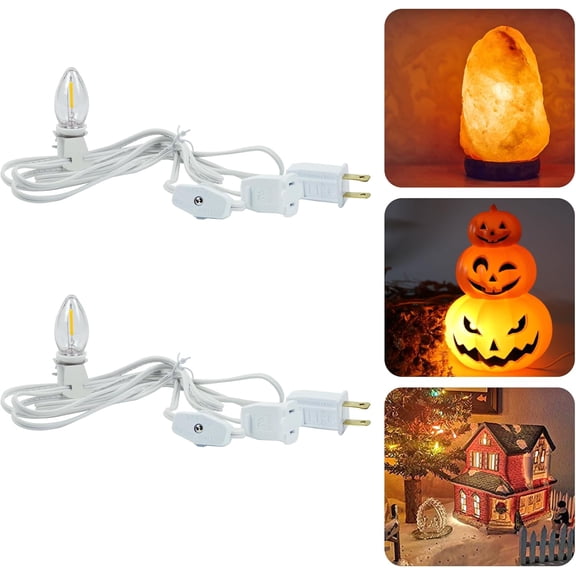 2-Pack Accessory Cord with 2 C7 LED Night Light Bulb, Candelabra-Base E12 Socket White Cord with On/Off Switch Plugs, for Holiday Decorations, Christmas Village House, Pumpkin Lights