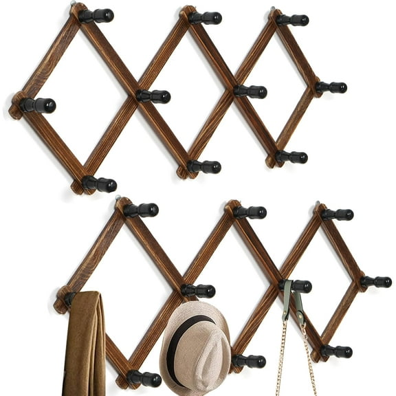 2 Pack Accordion Hat Rack for Wall - Expandable Coat Rack & Wall Mounted Hat Holder - Wooden Wall Hanger with 10 Peg Hooks for Coats, Baseball Caps, Keys & Mugs