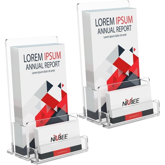 2-Pack Acrylic Brochure Holder 4‘’ , Clear Brochure Display Stand with Acrylic Business Card Holder, Plastic Flyer Display Stand for Magazine, Pamphlet, Booklets, Menu, Journals, Business Card