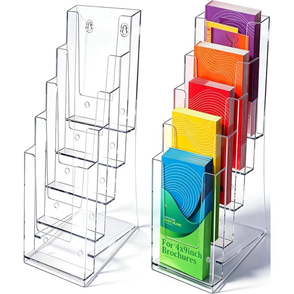 2 Pack Acrylic Brochure Holder 5 Tier Clear Display Flyer 4.2"x11.3" inch Rack Suitable for 4"x9" Brochures,Magazine Holder,Flyer (2)