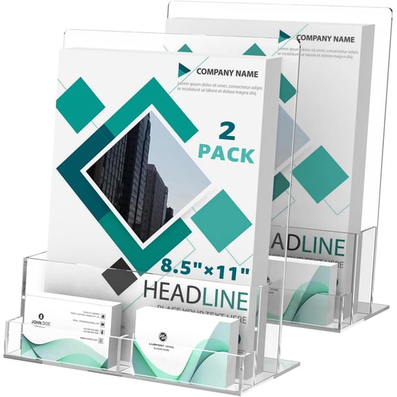 2 Pack Acrylic Brochure Holder 8.5 x 11 Inch with Business Card Holder Clear Holders Plastic Flyer Display Stand for Magazine Pamphlet Booklets Menu Journals Literature