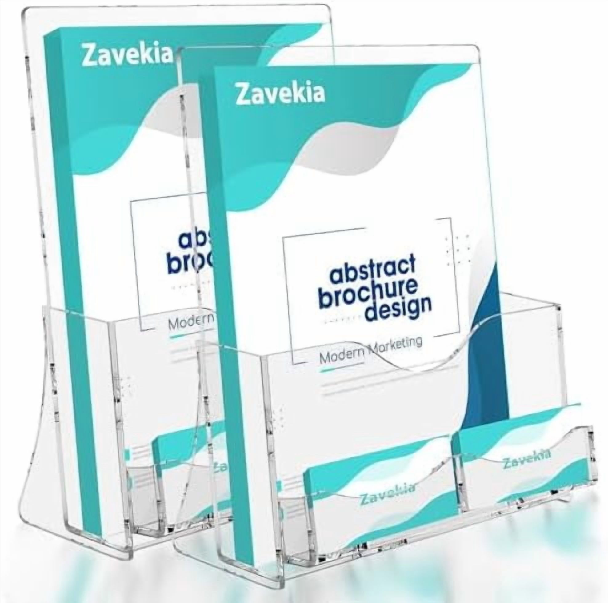 12 Pack Clear Acrylic Brochure Holders With Card Pocket – For 8.5x11 Magazines & 3.5x2" Business Cards
