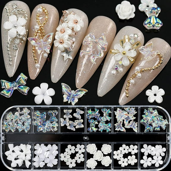 2 Pack Acrylic Butterfly Flowers Nail Charms Art, Crystal Rhinestones Pearl Gold Metal Nail Art For Decal Jewelry Accessories DIY Crafting