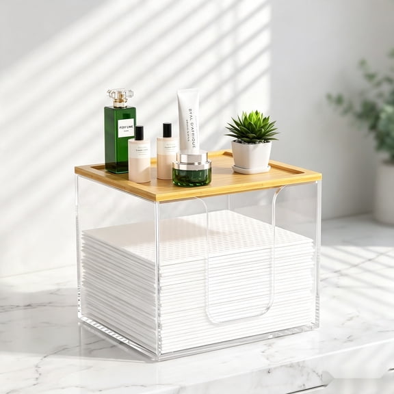 Acrylic Disposable Face Towel Holder Box with Bamboo Lid - XL Facial Towel Storage for Bathroom Vanity, Clear