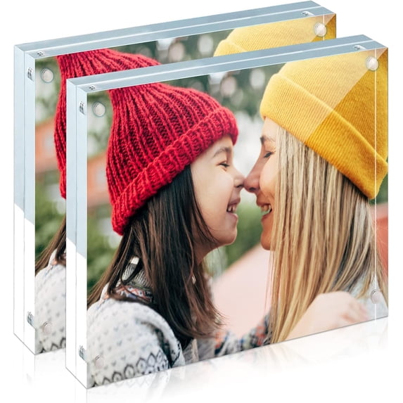 2 Pack Acrylic Frame 4x4, 20% Thicker, 20mm Thick Frameless Clear Picture Frame, Double Sided Magnetic Photo Frame, Free Standing Desktop Display Stand Acrylic Picture Frames