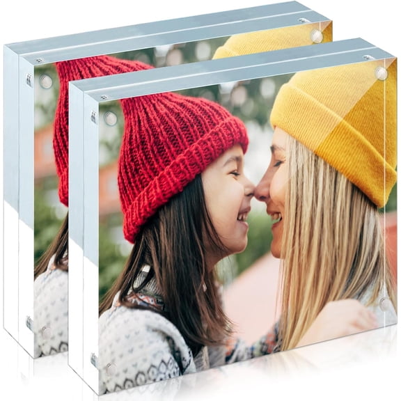 2 Pack Acrylic Frame 6x6, 20% Thicker, 24mm Thick Frameless Clear Square Picture Frame, Double Sided Magnetic Photo Frame, Free Standing Desktop Display Stand Acrylic Picture Frames