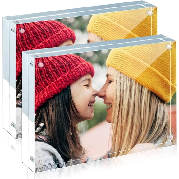 2 Pack Acrylic Frame 6x8, 20% Thicker, 24mm Thick Frameless Clear Picture Frame, Double Sided Magnetic Photo Frame, Free Standing Desktop Display Stand Acrylic Picture Frames
