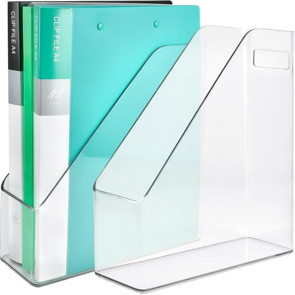 2 Pack Acrylic Magazine File Holder,A4 Vertical File Organizer with Handle for Desk,Clear Document Rack File Folder Storage Bin for Home Office School