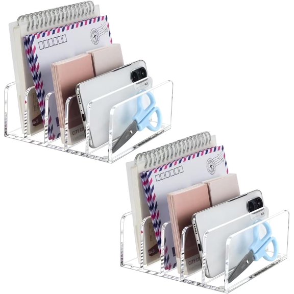 2 Pack Acrylic Mail Holder, Clear Desk Organizer with Divider, Vertical Letter Sorter for Desktop, 5 Compartments Modern Office Home Envelope Organizer for Bill, Document, Notebook