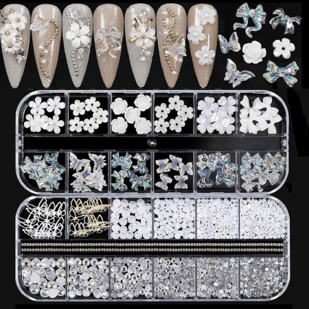 2 Pack Acrylic Nail Art Charms Butterfly Flowers Bear, AB Crystal Rhinestones Multi Shapes Pearl Gold Metal Art, Decal Jewelry Accessories DIY Crafting