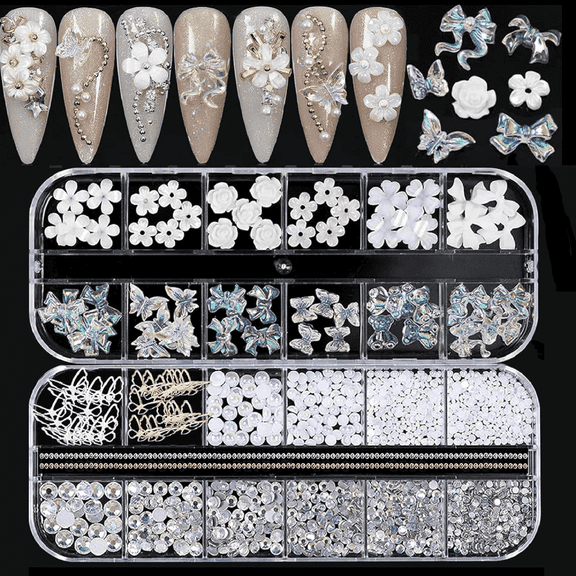 2 Pack Acrylic Nail Art Charms Butterfly Flowers Bear, AB Crystal Rhinestones Multi Shapes Pearl Gold Metal Art, Decal Jewelry Accessories DIY Crafting