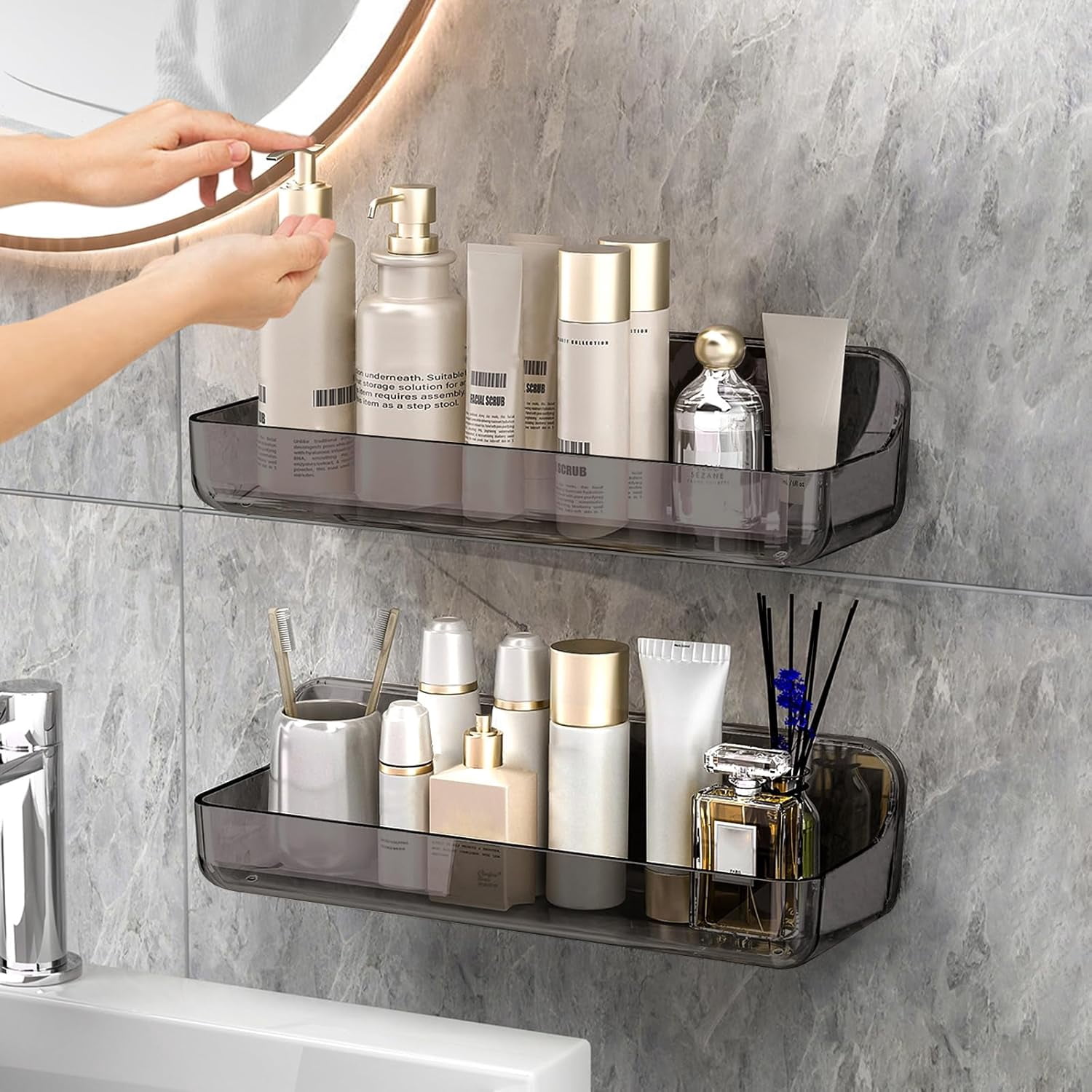 2-Pack Acrylic Shower Shelves with Large Capacity, Adhesive Shower ...