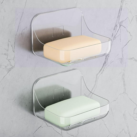 2-Pack Acrylic Soap Dish Soap Holder for Shower, Self-Draining, Wall-Mount No Drill Adhesive for Bathroom, Clear Soap Organizer