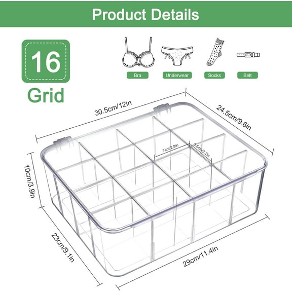 2-Pack Acrylic Sock and Underwear Organizer with Blank Label, Clear Plastic Organization and Storage Bins with Lid and Removable Dividers, Storage Box for Closet
