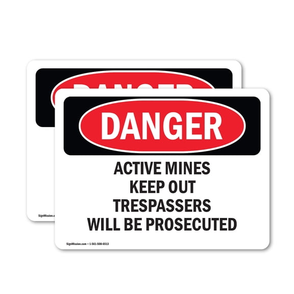 (2 Pack) Active Mines Keep Out Trespassers OSHA Danger Sign 7 Inch X 5 Inch Vinyl Label Decal Sticker Weather Resistant, UV Protected for Workplace, Business, and Construction Site,