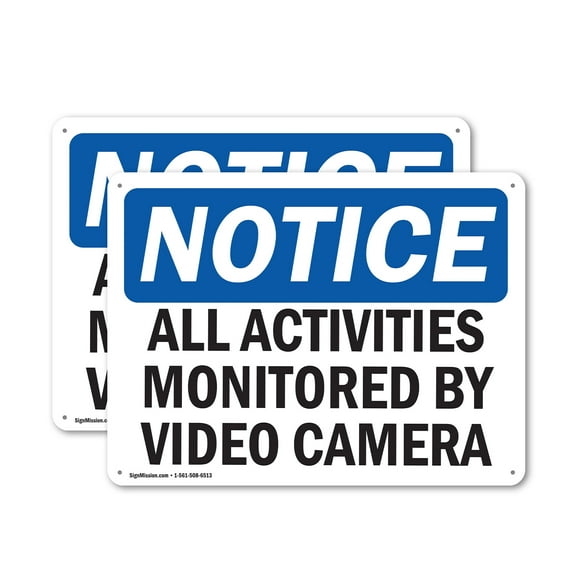 (2 Pack) All Activities Monitored By Video Camera OSHA Notice Sign 14 Inch X 10 Inch Indoor / Outdoor Rust-Free Aluminum Metal Signs for Workplace, Workshop, and Construction Site, Made