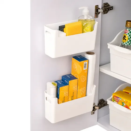 2 Pack Adhesive Over Cabinet Door Organizer, No Drilling Space Saver Plastic Storage Containers, Wall Hanging Plastic Caddy with Handle, Large Capacity Multi-Use Storage Bin for Kitchen, Bathroom, Of