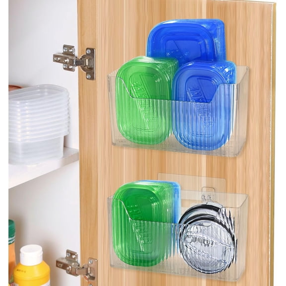 2 Pack Adhesive Cabinet Door Organizer Storage Caddy, Clear Lid Organizer Inside Cabinet Wall Mounted Pantry Door Caddy for Food Container Lid Kitchen Under Sink Basket (Clear)