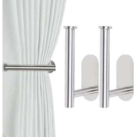 2 Pack Adhesive Curtain Holdbacks - No Drill Curtain Tie Backs & Pull Backs (2, Silver)