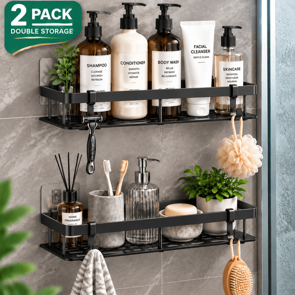 DAZUINIAO 2 Pack Adhesive Shower Caddy, Space Aluminum Shower Organizer with 4 Hooks, No Drill Wall Mounted Bathroom Shelf, Rust Resistant Storage Rack for Shampoo, Soap and Bathroom Essentials