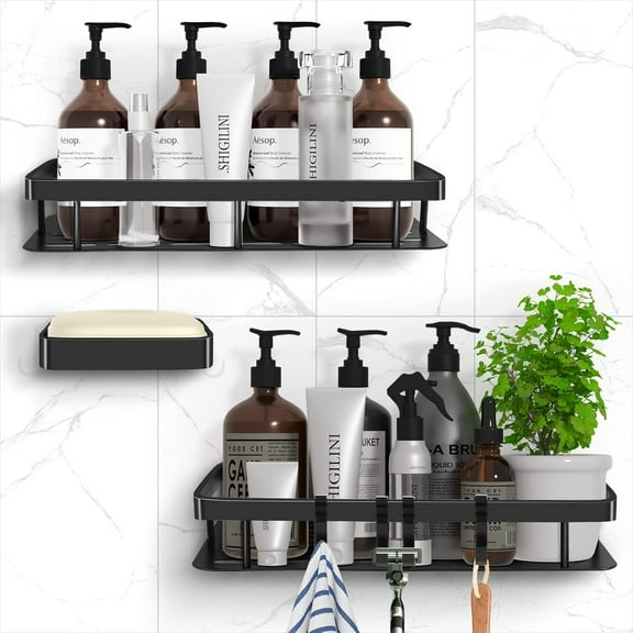 2 Pack Adhesive Shower Caddy Bathroom Shower Shelves with 4 Hooks, Space Aluminum Shower Organizer - Rustproof Waterproof and Easy Mount