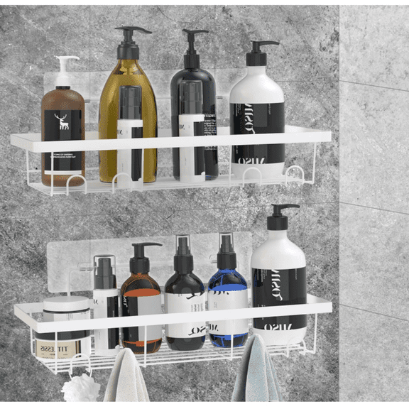 2 Pack Adhesive Shower Caddy Organizer with Hooks, Rustproof No Drilling Wall Mounted Storage Shelf Rack for Inside Shower/Bathroom/Kitchen