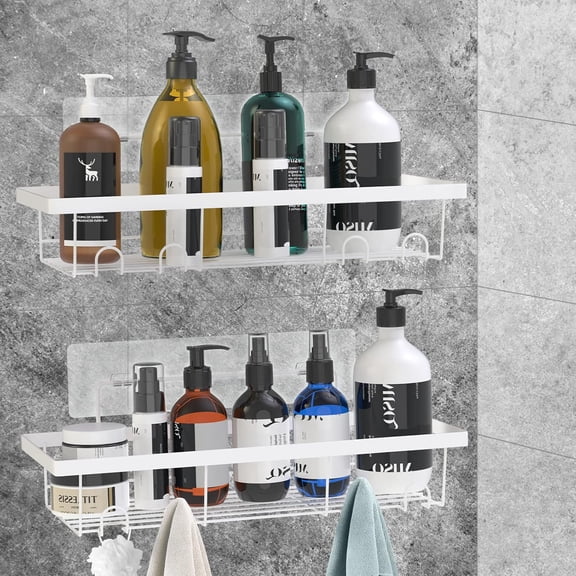 2 Pack Adhesive Shower Caddy Organizer with Hooks, Rustproof No Drilling Wall Mounted Storage Shelf Rack for Inside Shower/Bathroom/Kitchen