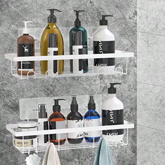 2 Pack Adhesive White Shower Caddy Organizer with Hooks Rustproof No Drilling Wall Mounted Storage Shelf Rack for Inside Shower/Bathroom/Kitchen