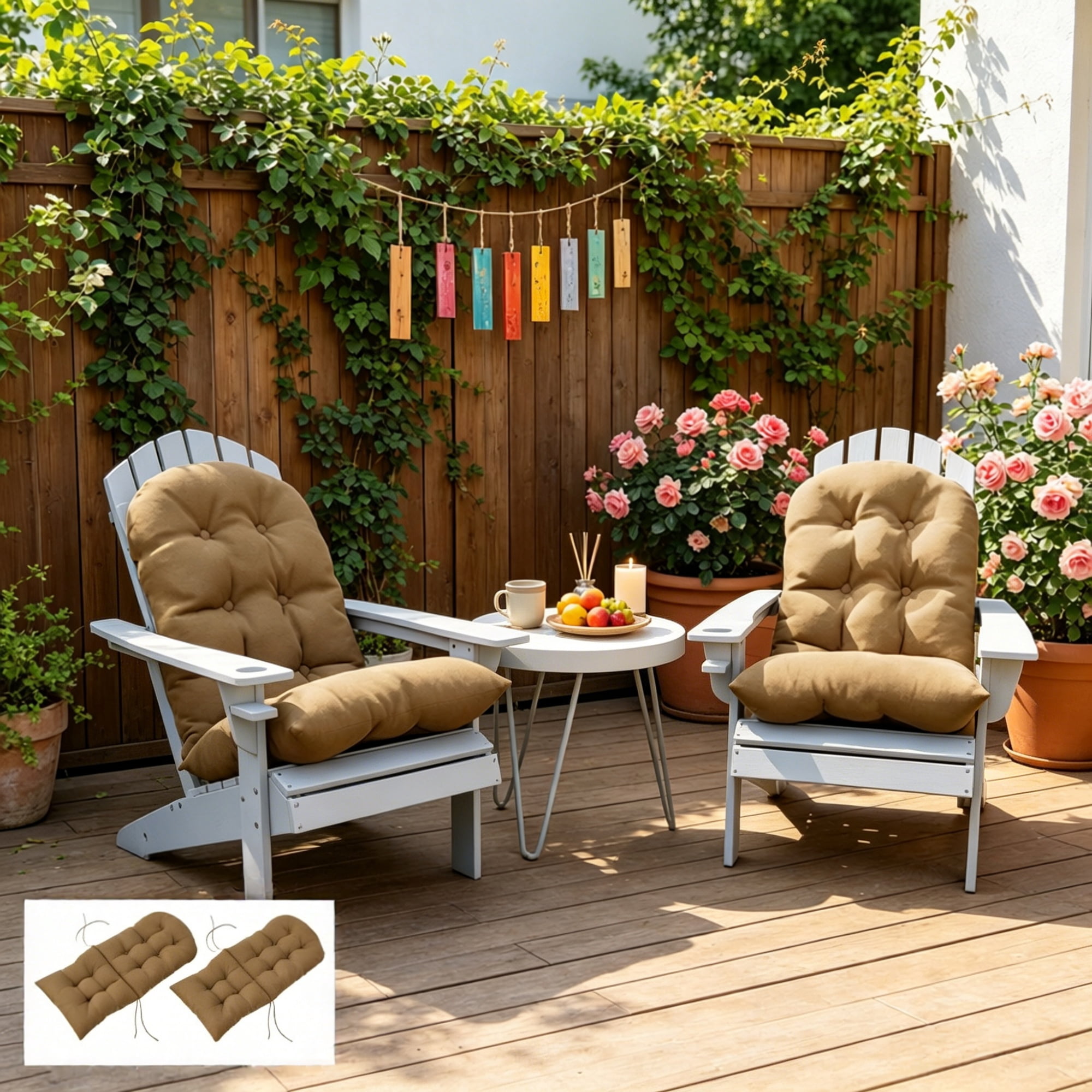 2 Pack Adirondack Chair Cushions Khaki 3.9 Inch Thick Seat & Back Cushion, Tufted UV Splash Resistant Polyester Patio Chair Pad with Secure Tie Straps